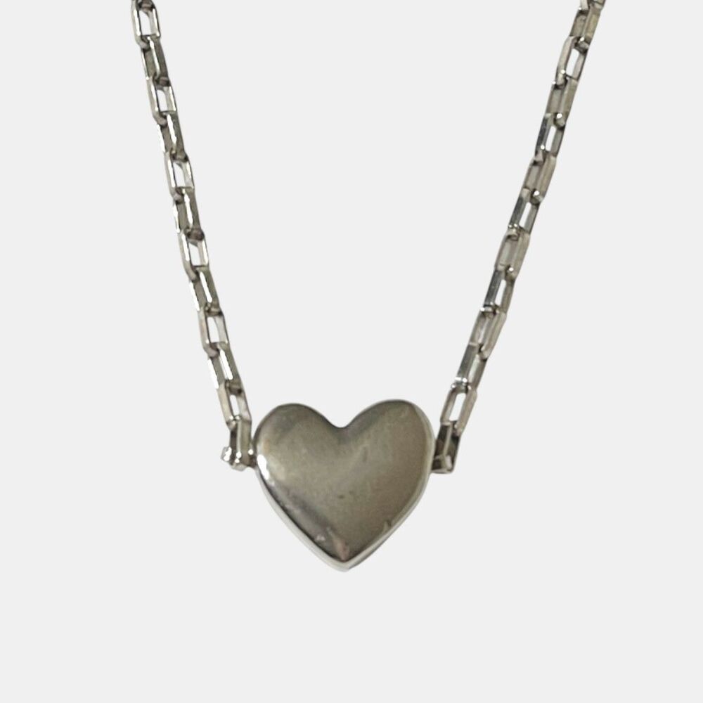 Soho Design Necklace Puffy Heart Pendant Chunky Paperclip Link Chain Silver Tone